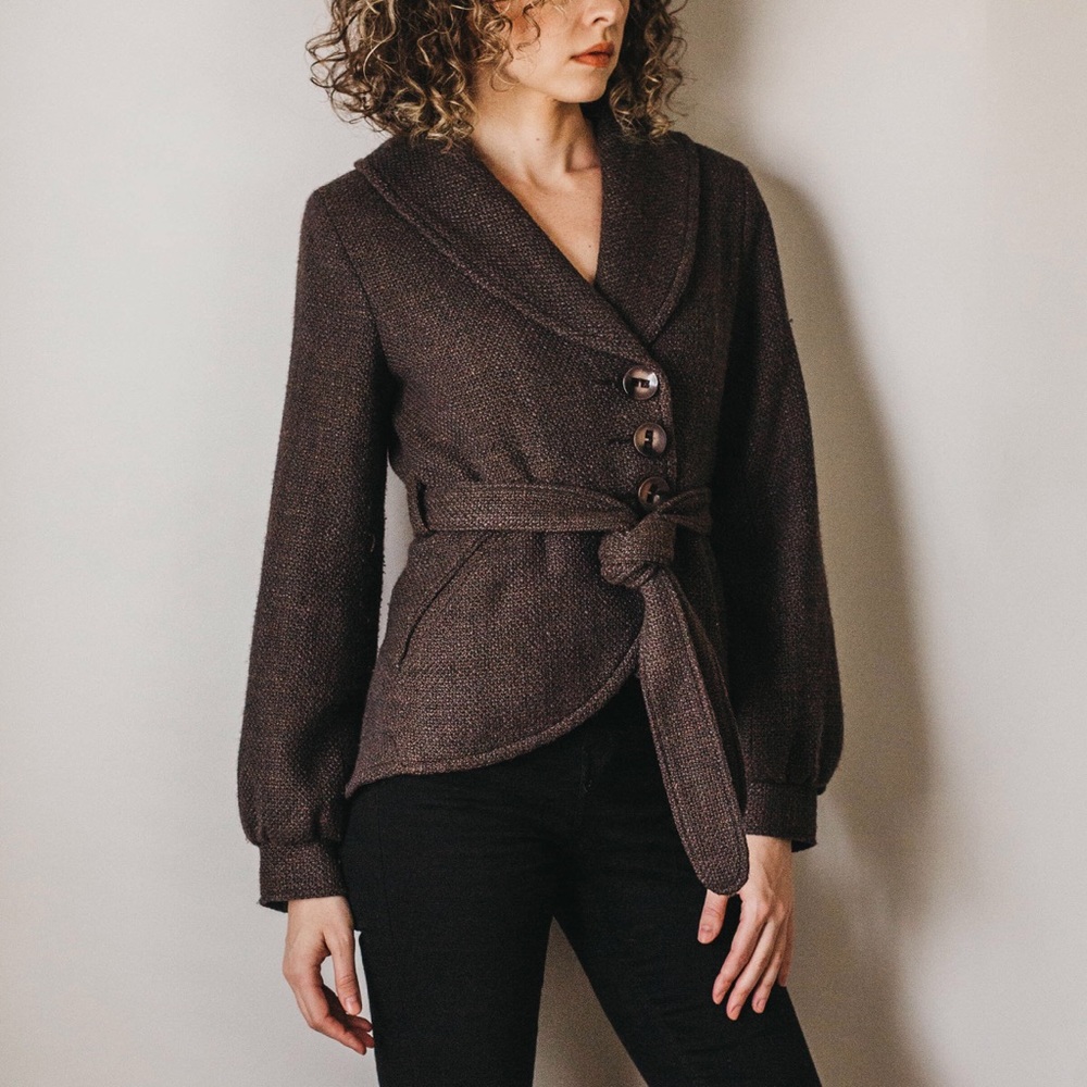 Mixed Brown Tweed High Low Peplum Jacket - Picture 3 of 4
